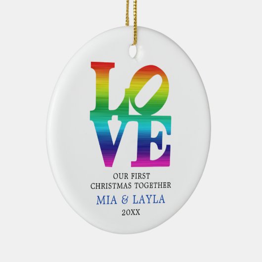 初めてのクリスマスズパーソナライズされたトゥレインボーLOVE セラミックオーナメント (右)