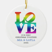 初めてのクリスマスズパーソナライズされたトゥレインボーLOVE セラミックオーナメント (正面)