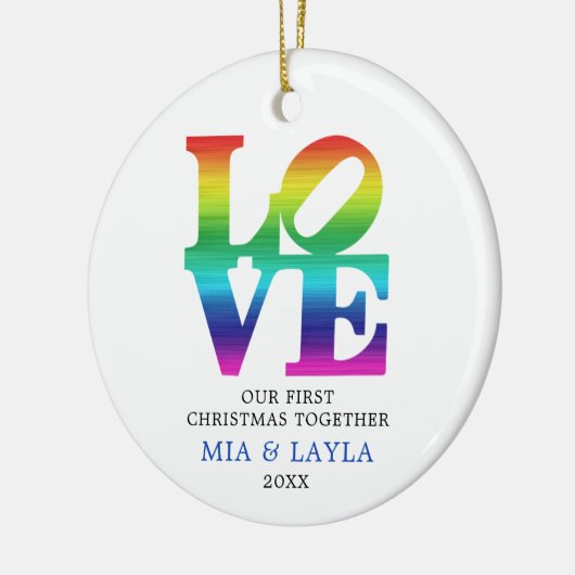 初めてのクリスマスズパーソナライズされたトゥレインボーLOVE セラミックオーナメント (左)