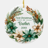 初めてのクリスマスズブラザーホワイトグリーンポインセティアス セラミックオーナメント (裏面)