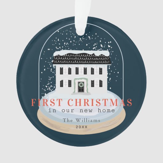 初めてのクリスマスズホームスノーグローブネイビーホリデーフォト オーナメント (正面)