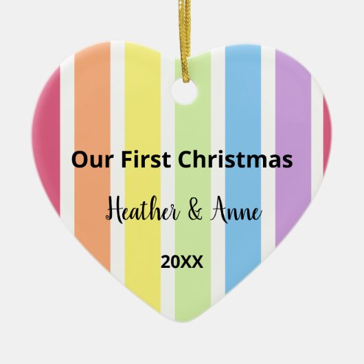 初めてのクリスマスズレインボーホワイトストライプパステル セラミックオーナメント (正面)