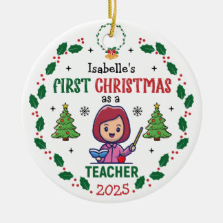 初めてのクリスマスズ先生名前をカスタムするラウンド セラミックオーナメント