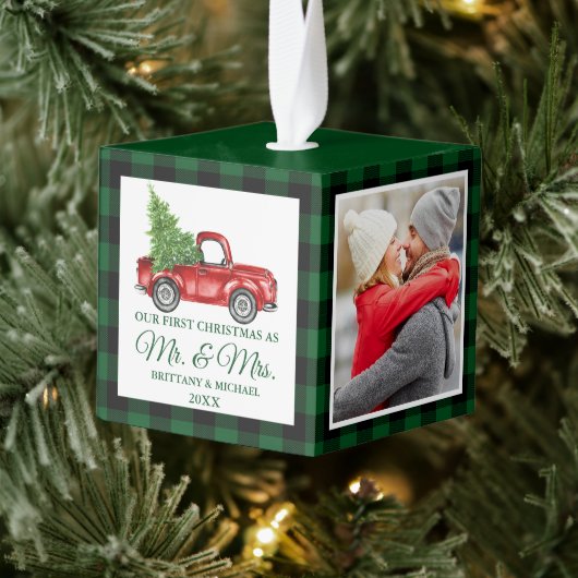 初めてのクリスマスズ·ミスター·アンド·ミセス·レッド·トラック·グリーン·プレイド キューブオーナメント (ツリー)
