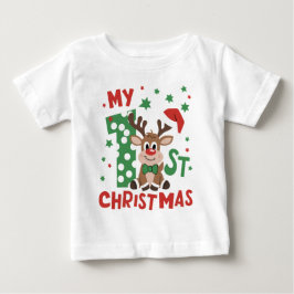 初めてのクリスマスタイポグラフィーかわいいトナカイ ベビーTシャツ