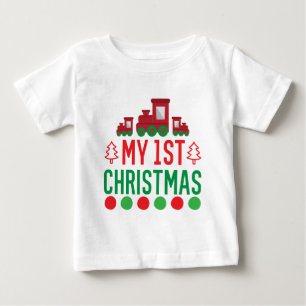 初めてのクリスマスタイポグラフィーかわいい列車 ベビーTシャツ
