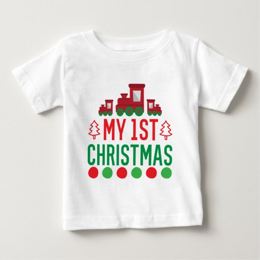 初めてのクリスマスタイポグラフィーかわいい列車 ベビーTシャツ (正面)