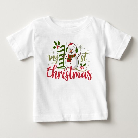初めてのクリスマスタイポグラフィーかわいい雪だるま ベビーTシャツ (正面)