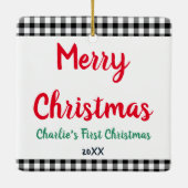 初めてのクリスマスドッグフォトブラックとホワイトプレイド セラミックオーナメント (裏面)