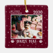 初めてのクリスマスドッグフォト名の年のカスタム セラミックオーナメント (正面)