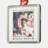 初めてのクリスマスドッグフォト名の年のカスタム メタルオーナメント (左)