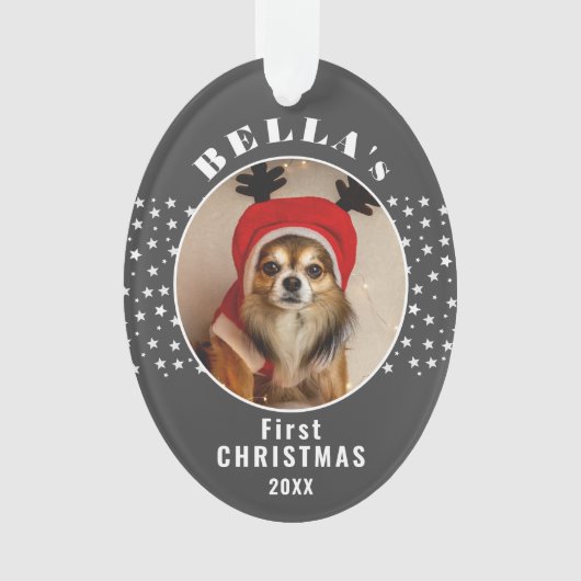 初めてのクリスマスドッグペットフォトスターズ赤面グレー オーナメント (正面)