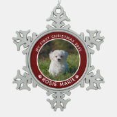 初めてのクリスマスドッグ写真名ポープリントカスタム スノーフレークピューターオーナメント (正面)