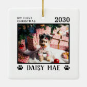 初めてのクリスマスドッグ写真名ポープリントカスタム セラミックオーナメント (裏面)