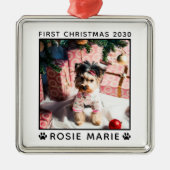 初めてのクリスマスドッグ写真名ポープリントカスタム メタルオーナメント (正面)