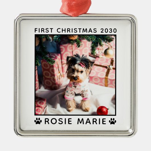 初めてのクリスマスドッグ写真名ポープリントカスタム メタルオーナメント (正面)