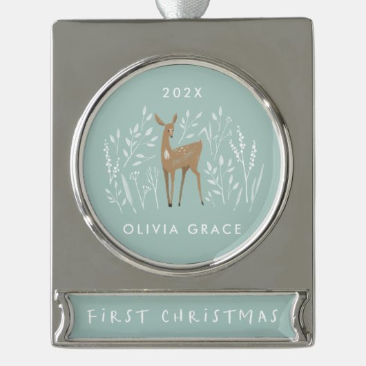 初めてのクリスマスナチュラルトナカイ繊細なフローラ シルバープレートバナーオーナメント (正面)