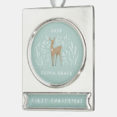 初めてのクリスマスナチュラルトナカイ繊細なフローラ シルバープレートバナーオーナメント (左)