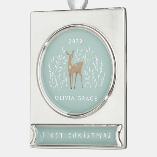 初めてのクリスマスナチュラルトナカイ繊細なフローラ シルバープレートバナーオーナメント (左)