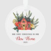 初めてのクリスマスニューホームウォーターカラーハウスレッド オーナメント (裏面)