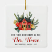 初めてのクリスマスニューホームウォーターカラーハウスレッド セラミックオーナメント (裏面)