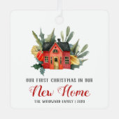 初めてのクリスマスニューホームウォーターカラーハウスレッド メタルオーナメント (正面)