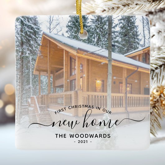 初めてのクリスマスニューホームカスタムフォトブラックスクリプト セラミックオーナメント