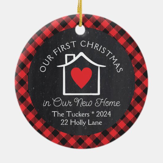 初めてのクリスマスニューホームハート格子縞 セラミックオーナメント (裏面)