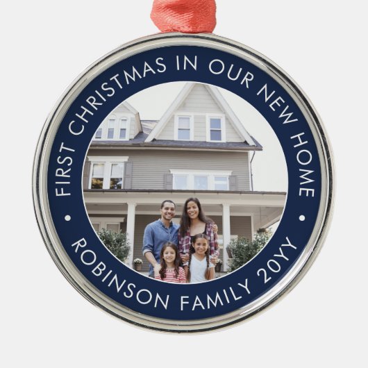 初めてのクリスマスニューホームフォトネイビーブルー&ホワイト メタルオーナメント (正面)