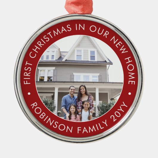 初めてのクリスマスニューホームモダンフォトレッド&ホワイト メタルオーナメント (正面)