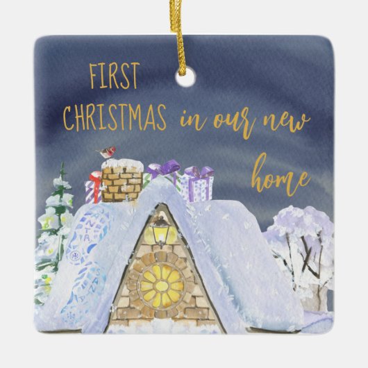 初めてのクリスマスニューホームルーフトップサンタ足跡 セラミックオーナメント (正面)