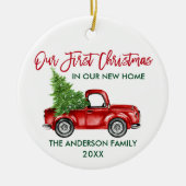 初めてのクリスマスニューホームレッドトラック写真 セラミックオーナメント (正面)