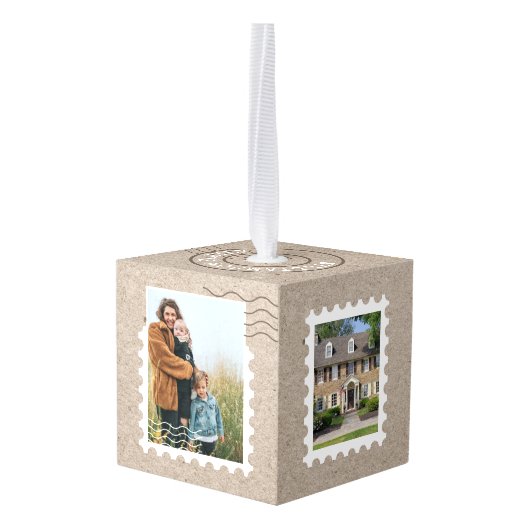 初めてのクリスマスニューホーム送料クラフト紙写真 キューブオーナメント (裏面アングル)