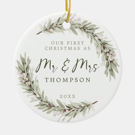 初めてのクリスマスニューライヴァズセージグリーンリー セラミックオーナメント (正面)