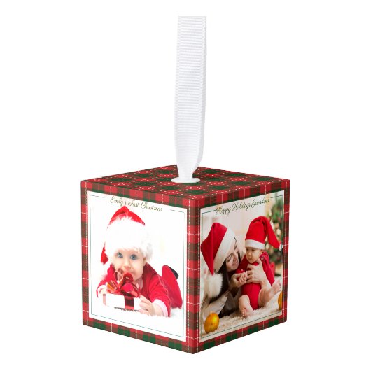 初めてのクリスマスハッピーホリデーズ祖母の写真 キューブオーナメント (正面アングル)