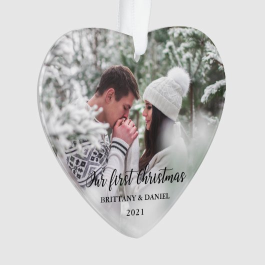 初めてのクリスマスハートカップル写真 オーナメント (正面)
