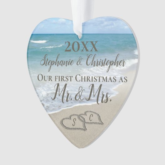 初めてのクリスマスハートビーチ結婚式Mr Mrs オーナメント (正面)