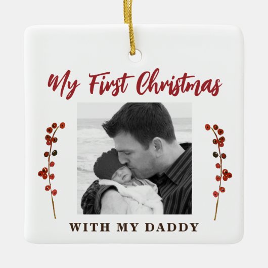 初めてのクリスマスパパとベビー2写真 セラミックオーナメント (正面)