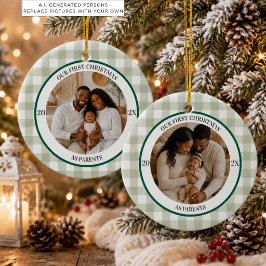 初めてのクリスマスパパママ写真 Sage ギンガムチェック セラミックオーナメント