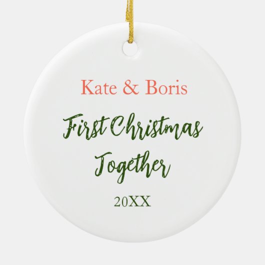 初めてのクリスマスパーソナライズされたの組み合わせキツネカップル セラミックオーナメント (裏面)