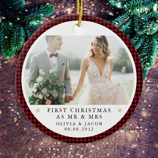 初めてのクリスマスパーソナライズされたは写真のMr & Mrs. セラミックオーナメント