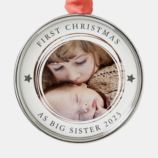初めてのクリスマスパーソナライズされたを姉妹写真として メタルオーナメント (正面)