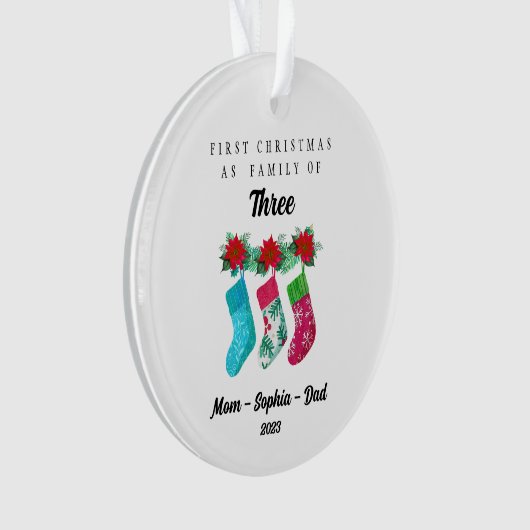 初めてのクリスマスパーソナライズされたを3人の家族として オーナメント (正面)