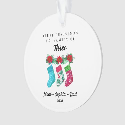 初めてのクリスマスパーソナライズされたを3人の家族として オーナメント (正面)