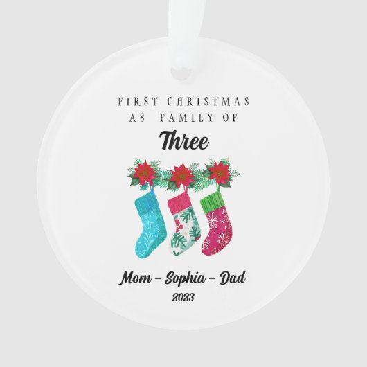 初めてのクリスマスパーソナライズされたを3人の家族として オーナメント (正面)