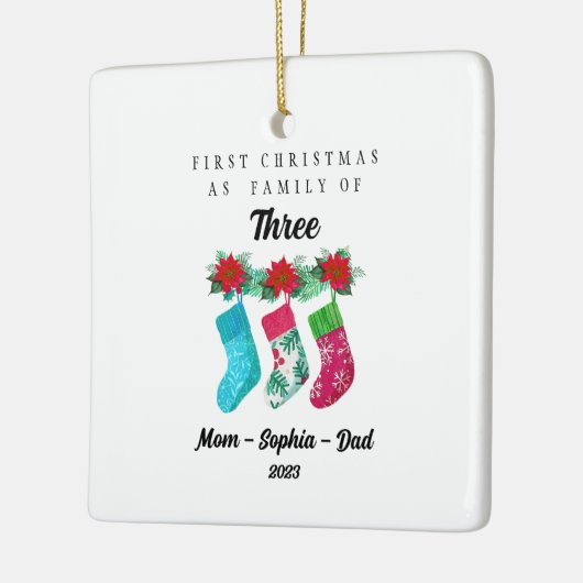 初めてのクリスマスパーソナライズされたを3人の家族として セラミックオーナメント (左)