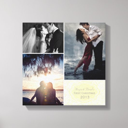 初めてのクリスマスパーソナライズされたダマスク写真コラージュ キャンバスプリント (正面)