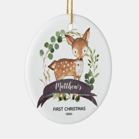 初めてのクリスマスパーソナライズされたベビーボーウッドランド セラミックオーナメント (右)
