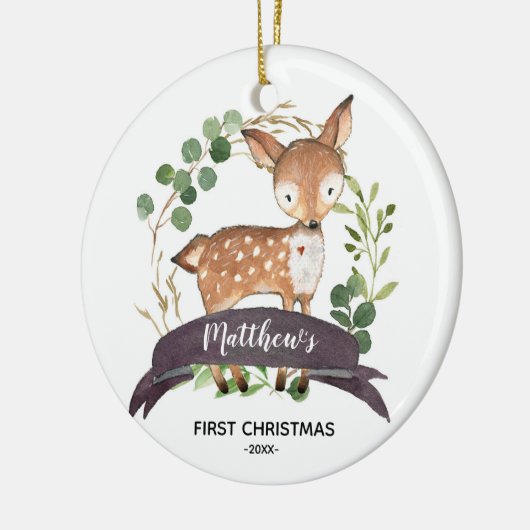 初めてのクリスマスパーソナライズされたベビーボーウッドランド セラミックオーナメント (左)