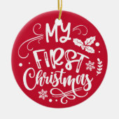 初めてのクリスマスパーソナライズされたベビー写真記念 セラミックオーナメント (正面)